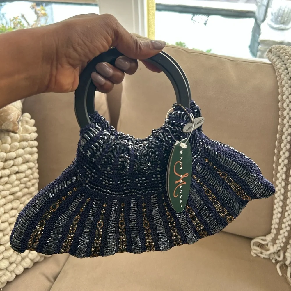 Mary Frances Machu Picchu Trail Elegant Blue & Gold Beaded Clutch w/Handle NWT - Picture 2 of 4